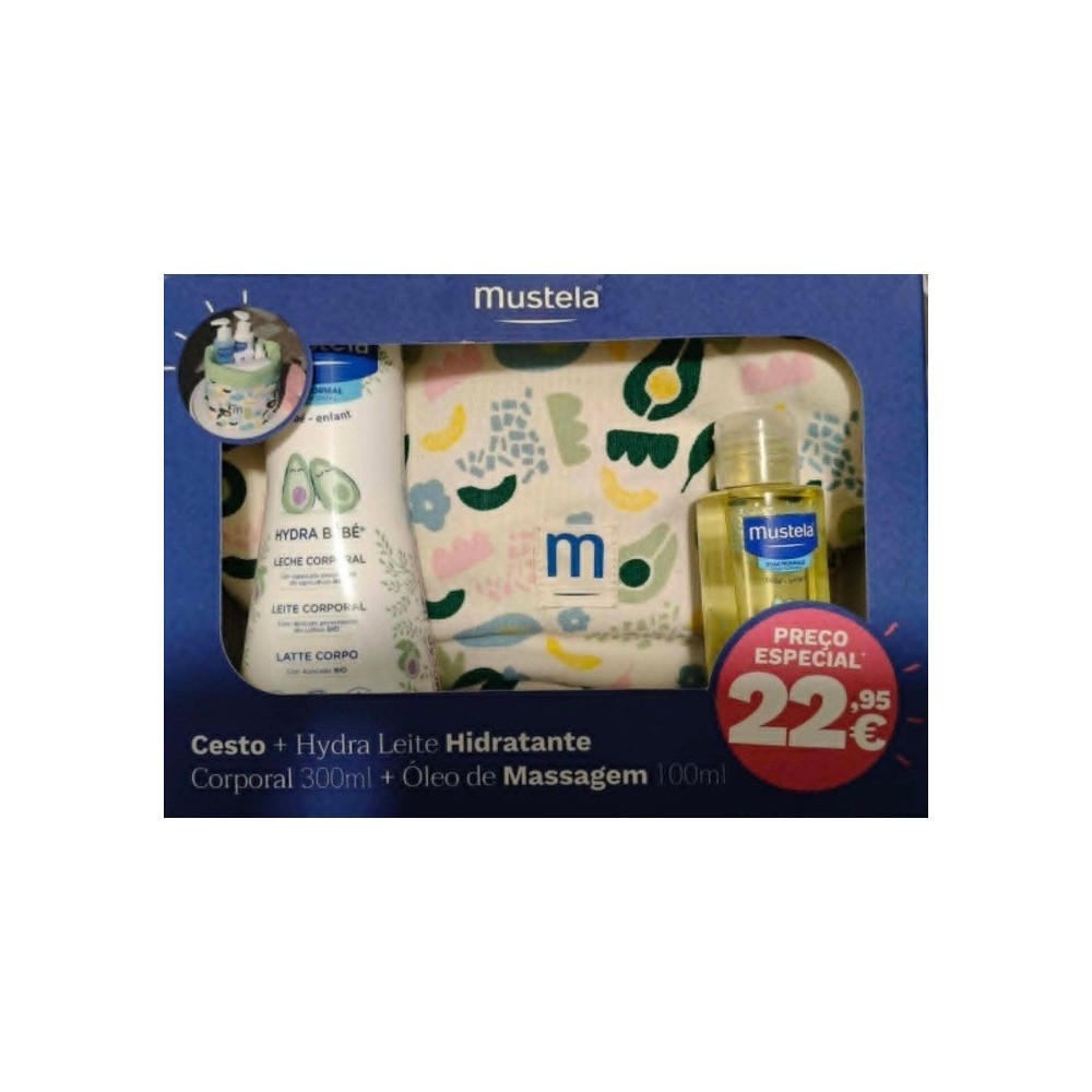 Mustela Hydra Leite Hidratante Corporal 300 ml + Óleo de Massagem 100 ml + oferta de cesto
