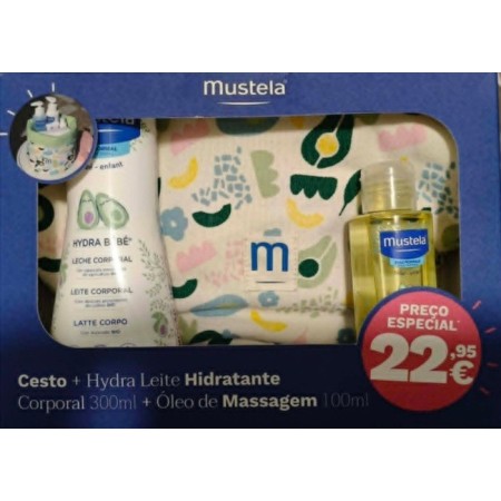 Mustela Hydra Leite Hidratante Corporal 300 ml + Óleo de Massagem 100 ml + oferta de cesto