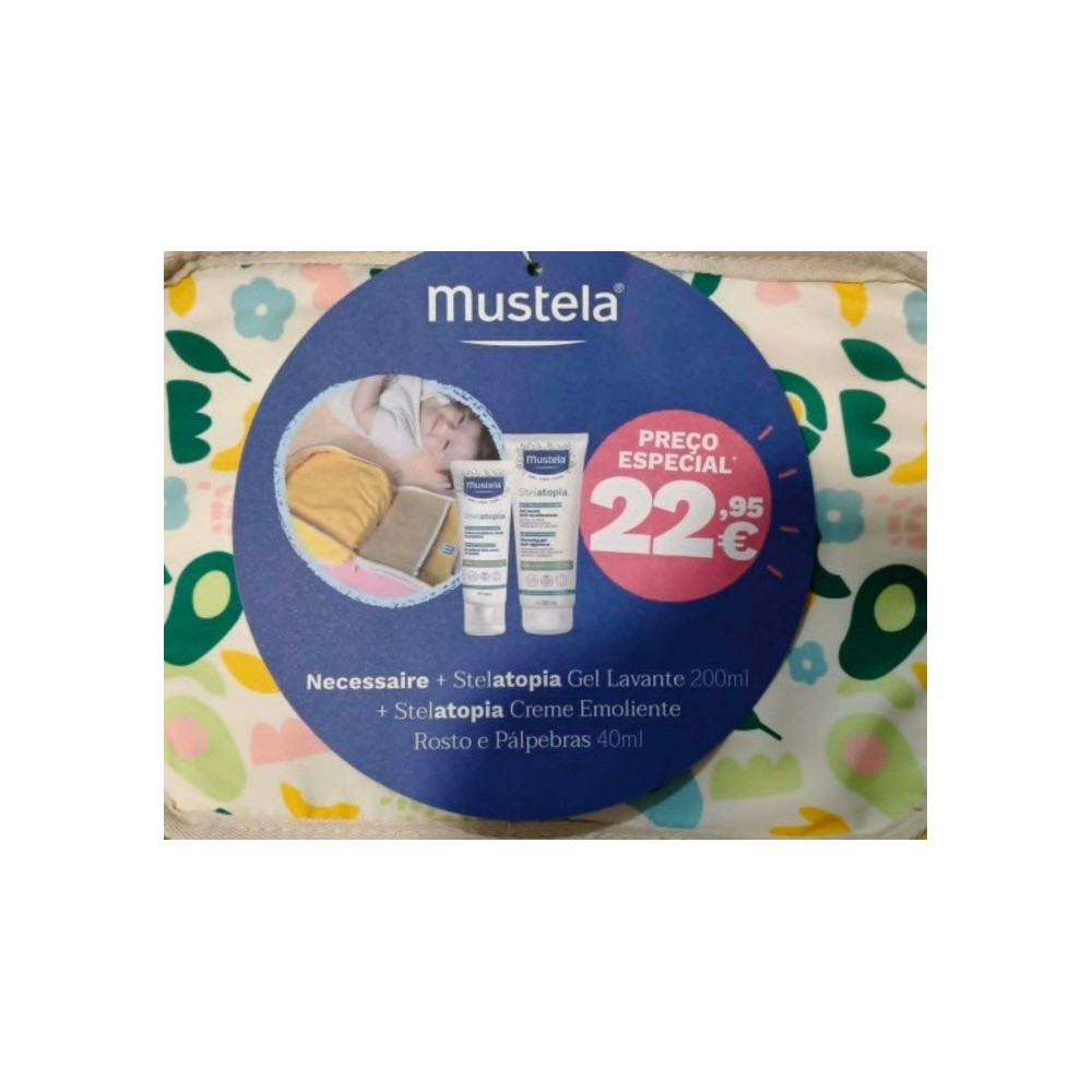 Mustela Kit Necessaire + Stelatopia Gel Lavante 200ml + Stelatopia Creme Emoliente  Rosto e Pálpebras 40ml