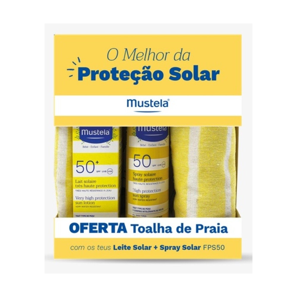 Kit Mustela Solares Spray Leite Solar 200 ml + Rosto 40 ml , Oferta Toalha de Praia
