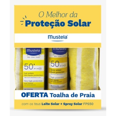 Kit Mustela Solares Spray Leite Solar 200 ml + Rosto 40 ml , Oferta Toalha de Praia