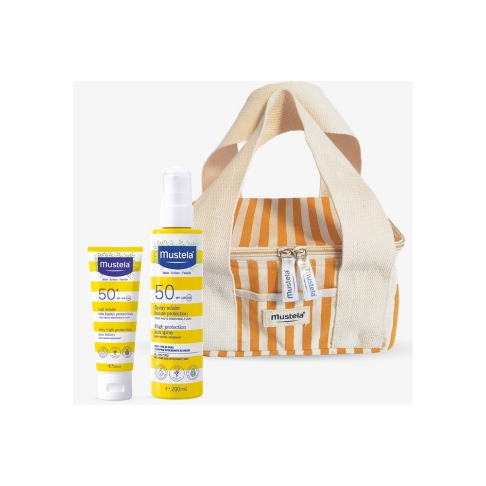 Kit Mustela Solares Spray Leite Solar 200 ml + Rosto 40 ml , Oferta Bolsa Amarela