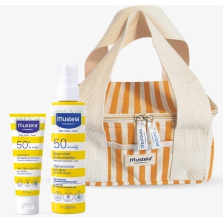 Kit Mustela Solares Spray Leite Solar 200 ml + Rosto 40 ml , Oferta Bolsa Amarela