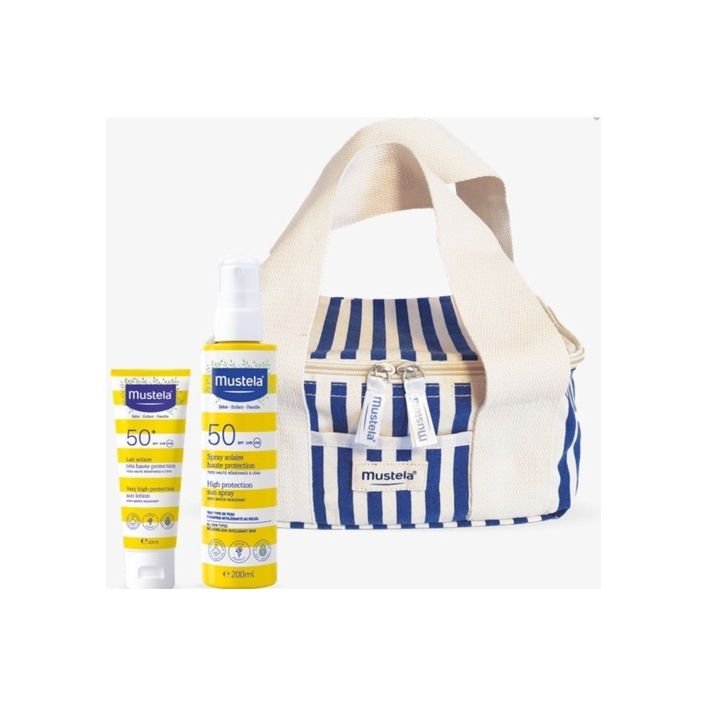 Kit Mustela Solares Spray Leite Solar 200 ml + Rosto 40 ml , Oferta Bolsa Azul